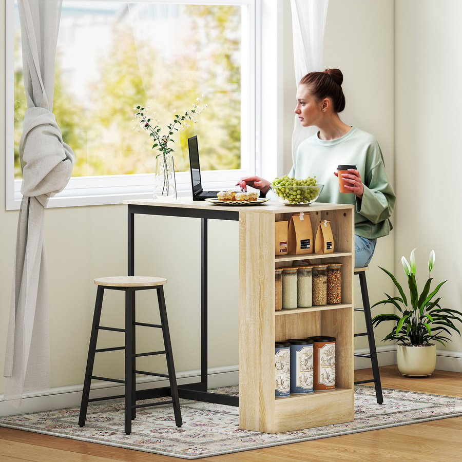 HOMCOM Bartisch mit Barhocker Set, 3-tlg. Essgruppe aus Stahl in Eiche, Modern-Stil mit Stauraum und Fußstützen - Bild 2