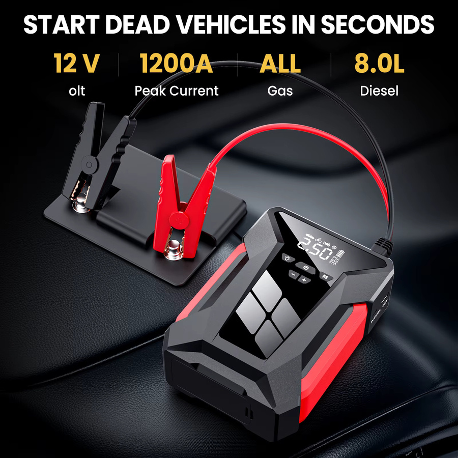 WUIETI 4-in-1 Auto-Starthilfe und Reifenfüller mit 150PSI, Batterie-Booster mit 1200A Spitzenstrom und LED-Licht, Schwarz - Bild 3