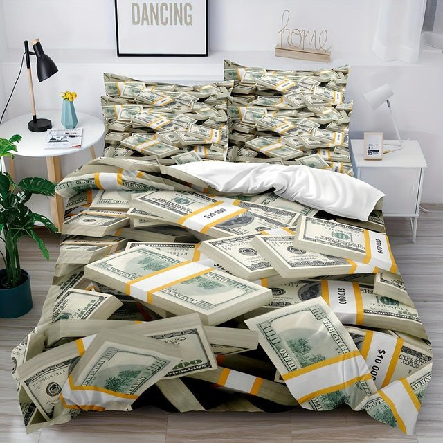 Bettwäsche Set mit 3D Dollar Banknoten Print in Rot und Grün, bestehend aus Bettbezug und Kissenbezug, B/H: 180 x 210 cm - Bild 1