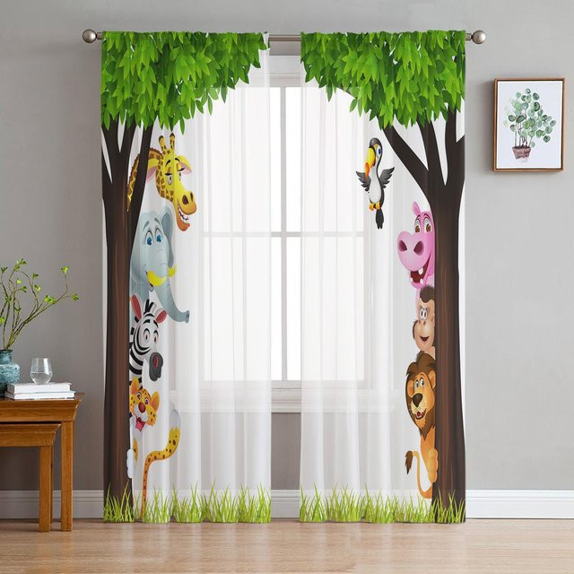 Transparente Tüll-Vorhänge mit Dschungelwald-Cartoon-Tieren und Löwe sowie Elefant in Schwarz, B: 135 cm, H: 115 cm - Bild 1