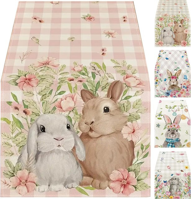 Waschbare rechteckige Tischdecke von VAKIND mit Oster-Hasen-Motiv in Pink und floralem Design aus Leinen - Bild 1