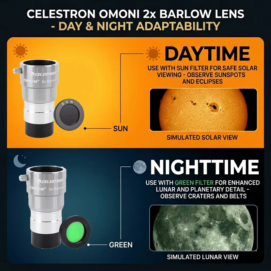 Celestron OmnI 2X Barlow-Linse 1,25 Zoll mit Solar-, Sonnen- und Mondfilter-Set für die Planetenbeobachtung, Multicolor - Bild 6