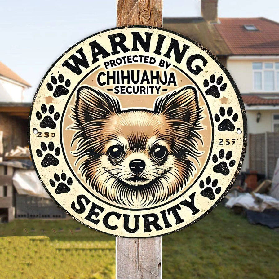 Rundes Metallschild Potdemiel mit Warning Protected by Chihuahua Security Aufschrift in Vintage-Optik, Durchmesser: 20 cm - Bild 4