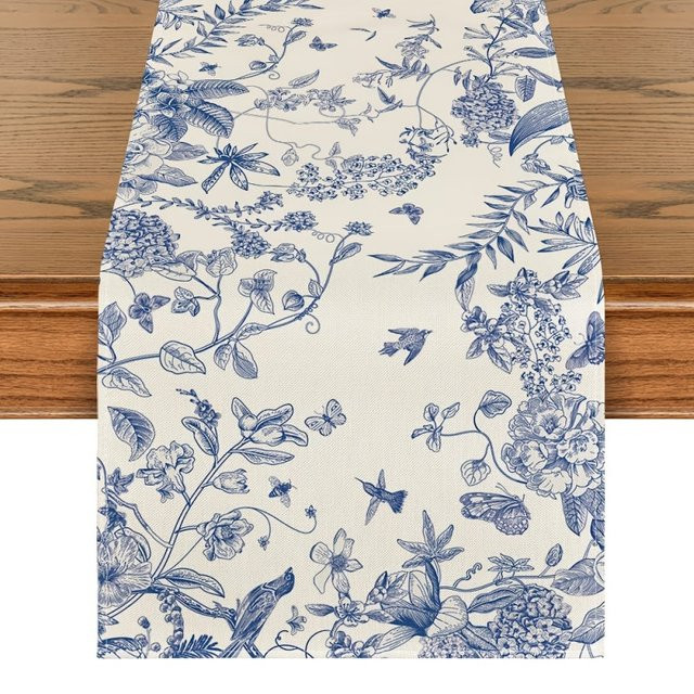 VIKAMA Chinoiserie-Tischläufer aus wasserabweisendem Polyester in Blau-Weiß mit Blumen- und Vogelmotiv, Rechteckig - Bild 1