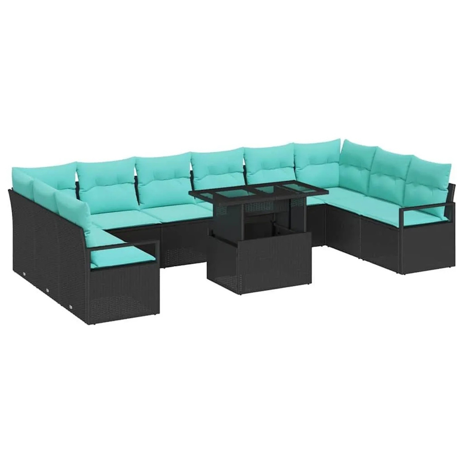 vidaXL Garten-Sofa-Set 11-tlg. in U-Form aus Poly-Rattan mit Kissen, Schwarz und Blau - Bild 2
