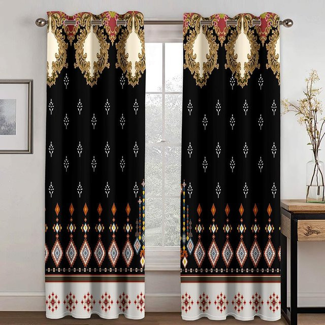 Yiran Furniture Vorhänge im äthiopischen und eritreischen Design mit Fliesendesign, Set aus Polyester, Farbe: Schwarz, Breite: 100 cm, Höhe: 130 cm - Bild 1