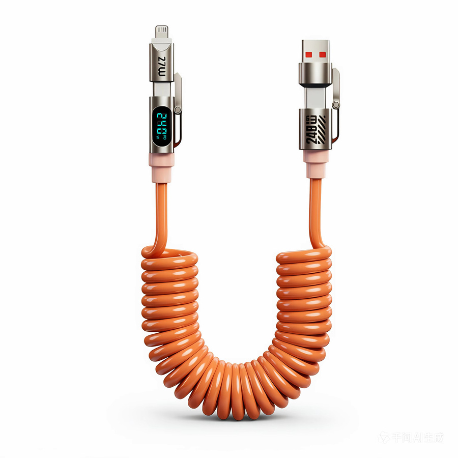 Setolgh 4-in-1 Spiralkabel mit LCD Dynamischem Display und 240W Schnellladefunktion, einziehbares USB-C Autokabel in Orange für iPhone und Samsung Galaxy, Farbe: Orange - Bild 7