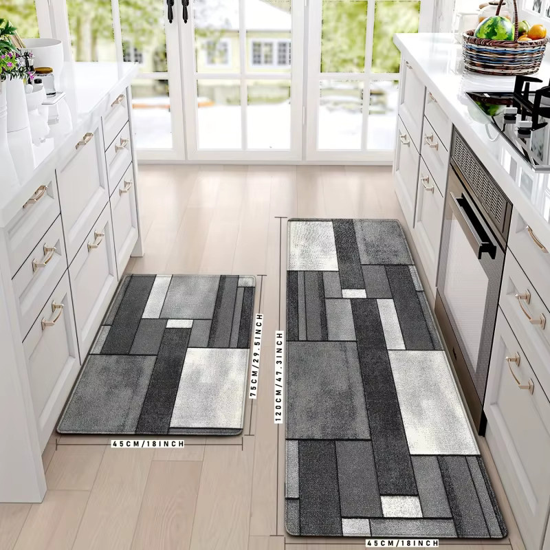 VIKAMA 2er-Set Küchenteppiche mit geometrischem Design in Schwarz-Weiß-Grau, rutschfest und saugfähig - Bild 2