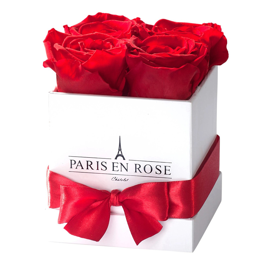 PARIS EN ROSE Rosenbox eckig in Weiß mit 4 roten Rosen und Schleife - Bild 2