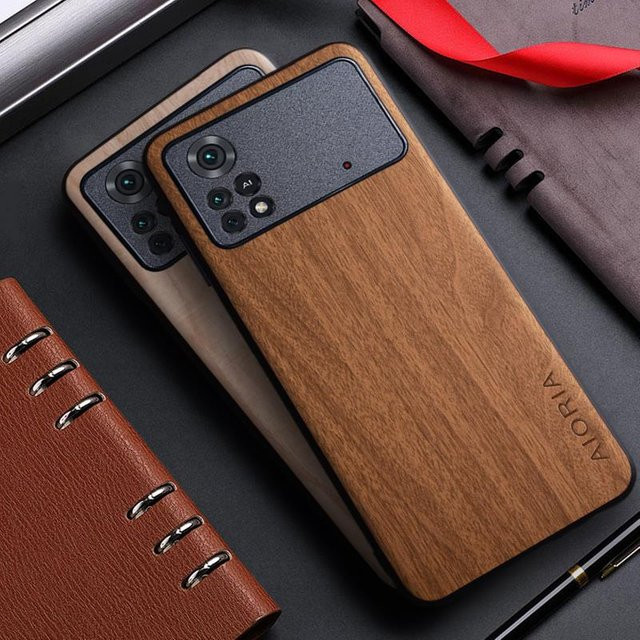 Xiaomi Handyhülle mit Bambus-Holzmuster und Leder-Abdeckung für Poco X4 X3 X5 NFC Pro GT F1 F2 F4 F5 5G sowie Redmi K30 K50 K60 in Schwarz und Braun - Bild 1