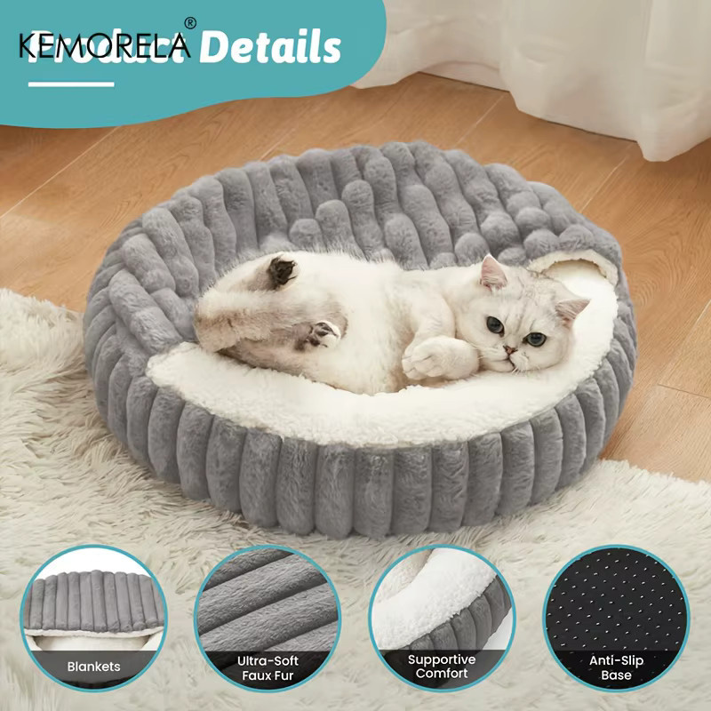 KEMORELA Katzenhöhle mit Kapuze, rundes Kätzchenbett in Grau, rutschfest und gesteppt für Katzen und Hunde - Bild 3