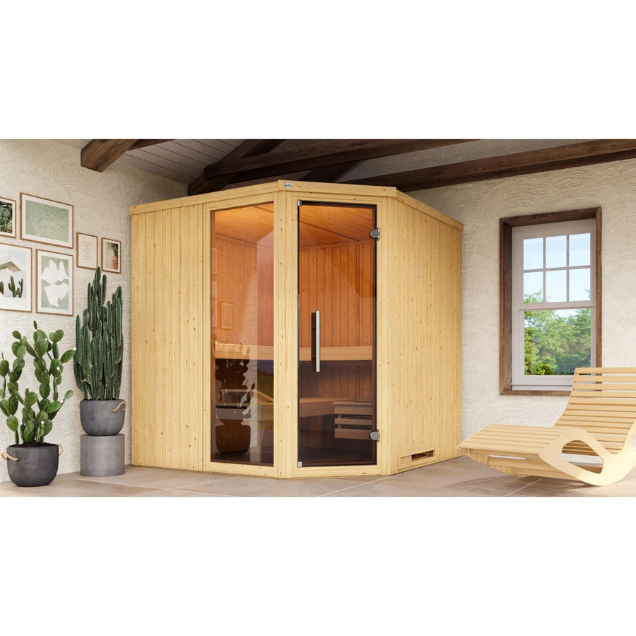 Weka Elementsauna Varberg Ecksauna mit Glastür und Fenstern in Braun inklusive 7,5 kW Sparset B/H/T: 194 x 199 x 194 cm - Bild 2