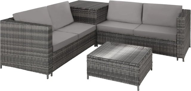 tectake Rattan Lounge Siena für 4 Personen mit Aufbewahrungsbox und Sicherheitsglasplatte in Grau, B/T/H: 140 x 75 x 65,5 cm - Bild 2