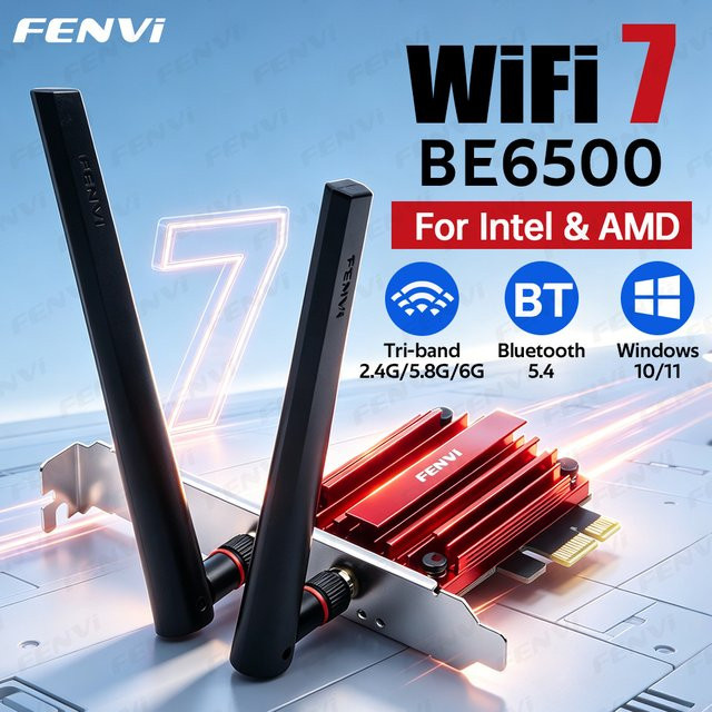 FENVI WiFi 7 BE6500 PCIe-Netzwerkkarte mit Bluetooth 5.4, Tri-Band WLAN 2,4G/5GHz/6GHz für AMD PC, kompatibel mit Windows 10/11 - Bild 1