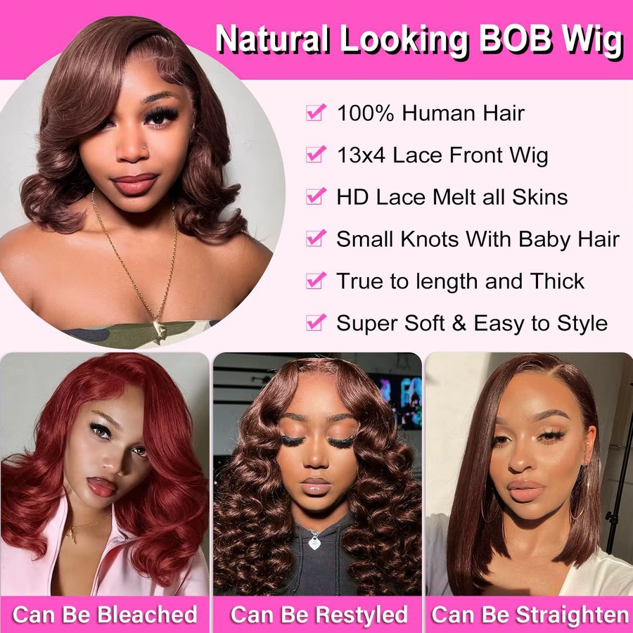 xbeauty Bob-Perücke, 100 % Echthaar, gewellt, schokoladenbraun, 13 x 4 Spitzenfront - Bild 5