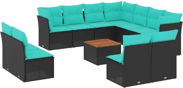 vidaXL 12-tlg. Garten-Sofagarnitur in L-Form mit Kissen und Couchtisch, Schwarz und Blau, Poly-Rattan mit Metallgestell - Bild 1