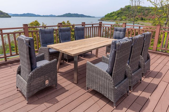 OUTFLEXX Garten-Essgruppe aus Edelstahl und recyceltem Teakholz in Grau mit Tisch und 8 Hochlehner-Diningsesseln - Bild 1