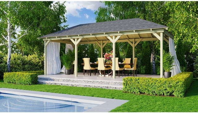 CHILLROI Woodfeeling Garten Pavillon Luxemburg 2 Premium aus Holz mit Verlängerung in Braun, B/T: 639 x 289 cm, H: 210 cm - Bild 1