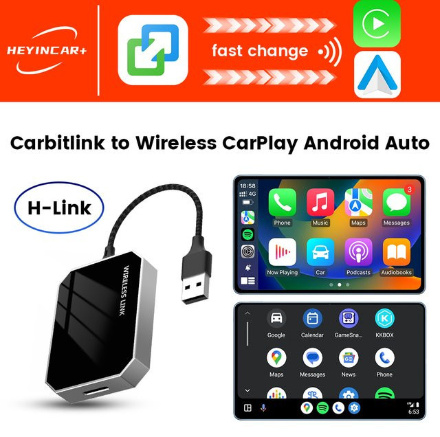 HEYINCAR Carbitlink 2-in-1 Smart Car AI Box Adapter für kabelloses Android Auto und kabelloses CarPlay in Schwarz - Bild 1