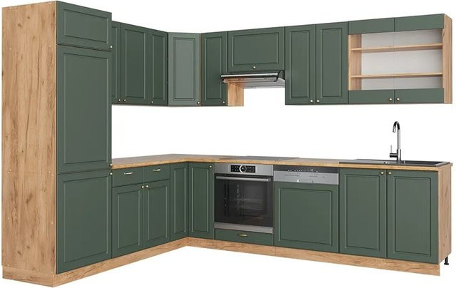 Vicco Fame-Line Eckküche in Landhausstil, Küchenzeile aus Eiche in Grün und Gold, B: 227 cm, H: 287 cm - Bild 2