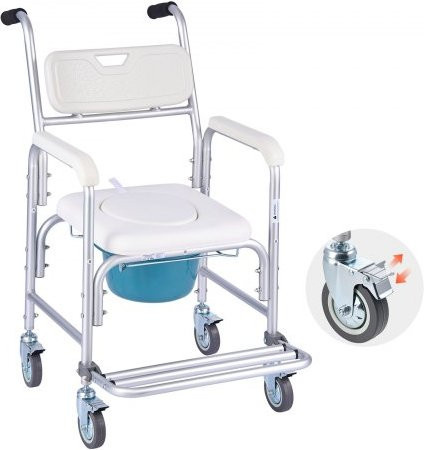 VEVOR Nachttoilettenstuhl für Senioren mit Rollen, 4-in-1 Duschrollstuhl und Toilettensitzerhöhung in Weiß, belastbar bis 159 kg, mit gepolsterter Sitzfläche, Rückenlehne, hochklappbarer Fußstütze und abnehmbarem 5 L Eimer - Bild 1