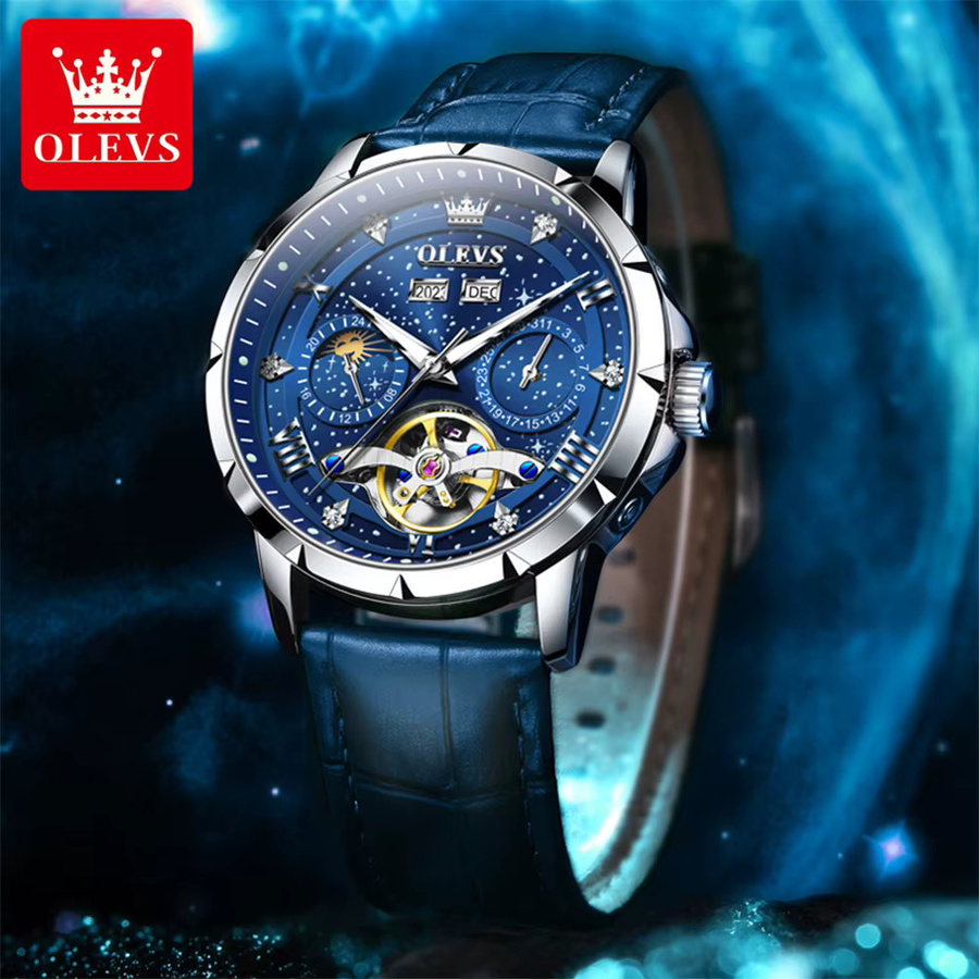 OLEVS Armbanduhr Automatik, Edelstahl, Blau, Leder, Herren - Bild 2