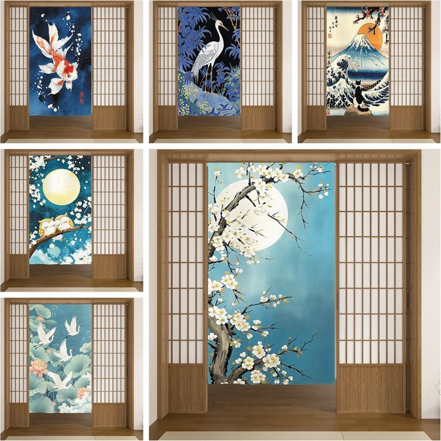 Japanischer Leinen-Türvorhang mit Mondzweigen und Koi-Kran Motiv in Blau, halbtransparenter Trennvorhang für Esszimmer, Küche oder Eingangsbereich - Bild 1