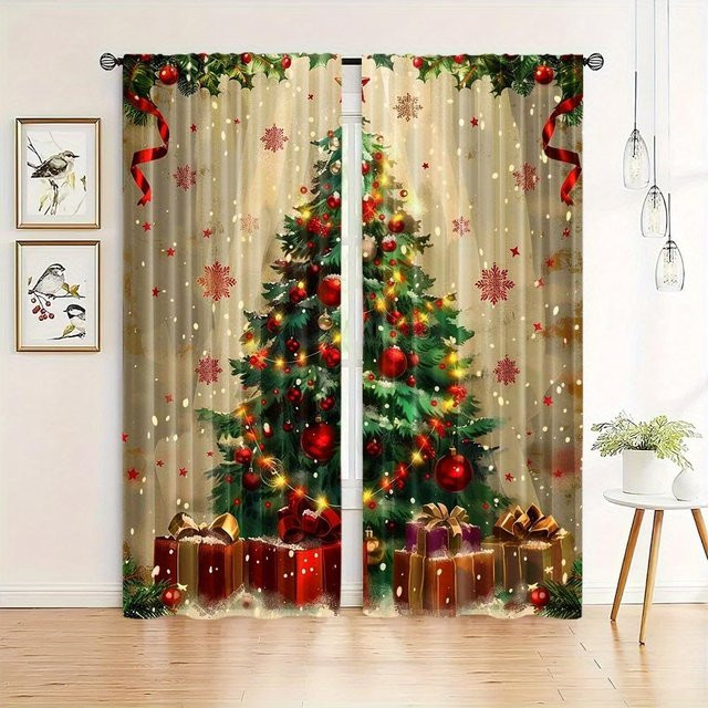 2er Set Weihnachtsmann Vorhänge halbtransparent mit Ösen für Wohnzimmer und Küche, B: 50 cm, H: 130 cm - Bild 1
