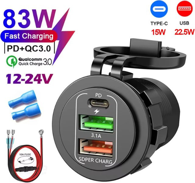 Wasserdichtes 4-Port Autoladegerät in Schwarz mit Dual PD USB-C und Dual QC 3.0 USB Anschlüssen sowie Voltmeter für 12V/24V Auto und Boot - Bild 1