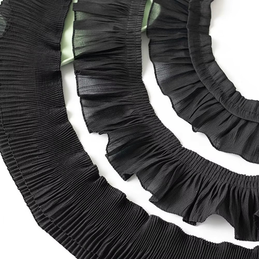 Schwarze Chiffon-Plissee-Spitzenborte mit Rüschen für DIY-Bastelbedarf, Breite: 9-12 cm, Länge: 2 Yards - Bild 2