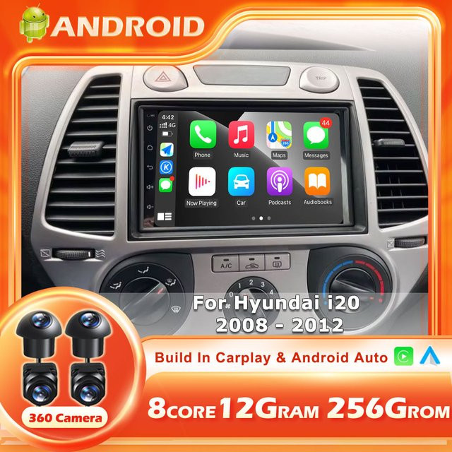 CUCU-NAVI Android 16 Autoradio mit Wireless CarPlay und Navigation für Hyundai I20 2008-2012, Multimedia-Videoplayer mit Touchscreen, Schwarz - Bild 1
