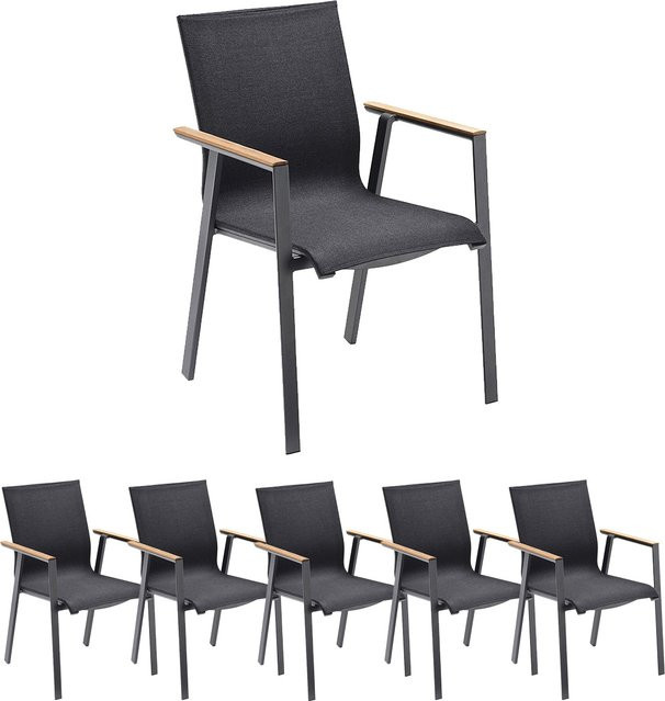 Solpuri SOUL Stapelsessel 6er Set aus Aluminium in Anthrazit mit Teak Armlehnen und softex coal Polsterung - Bild 1