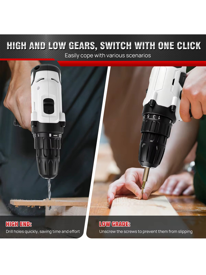 21V Akku-Bohrschrauber-Set in Weiß mit 2 Lithium-Batterien, 30 Zubehörteilen, 25+1 Drehmomentstufen, 2 Geschwindigkeitsstufen und LED-Licht - Bild 9