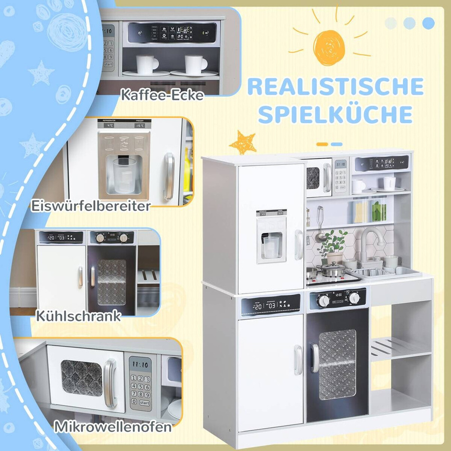 AIYAPLAY Kinderküche Spielküche mit Licht und Sound, Kochherd, fließendes Wasser, Kaffeemaschine, Kühlschrank und Mikrowelle, Weiß, B/H/T: 29,7 x 100,9 x 80 cm - Bild 4