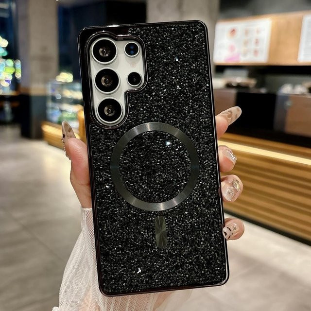 Luxuriöse Glitzernde Strasssteine Diamant Hülle für Samsung Galaxy S25 Plus mit Magnetischer Kabelloser Ladefunktion, Stoßfest, Farben: Schwarz, Pink, Lila, Grau, Silber - Bild 1