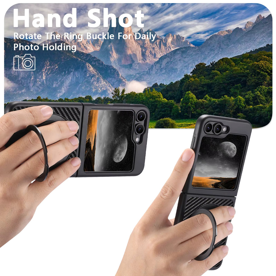 SUTENI Handyhülle aus Kunstleder mit Magnet, kabellosem Laden und 360 Grad drehbarem Ständer sowie Ringschnalle für Samsung Galaxy Z Flip 7, Z Flip 6 und Z Flip 5 in Schwarz - Bild 5
