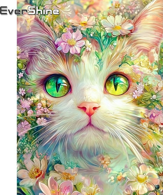 Evershine Diamant-Stickerei Katze mit Blumen-Motiv als quadratisches Mosaik-Tierbild aus Strass-Steinen in Multicolour, Breite: 20,0 cm, Höhe: 30,0 cm - Bild 1
