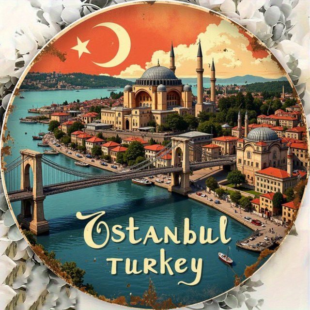Runder Metallblech Wanddekor Potdemiel mit goldenem Istanbul Türkischem Landschaftsdesign, Durchmesser: 20,07 cm - Bild 1
