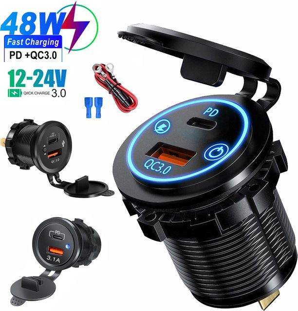 Kankeirr 48W PD QC3.0 Autoladegerät mit Knopf, wasserdichte Schnellladesteckdose für 12V/24V Motorrad, LKW und Boot, Schwarz - Bild 1