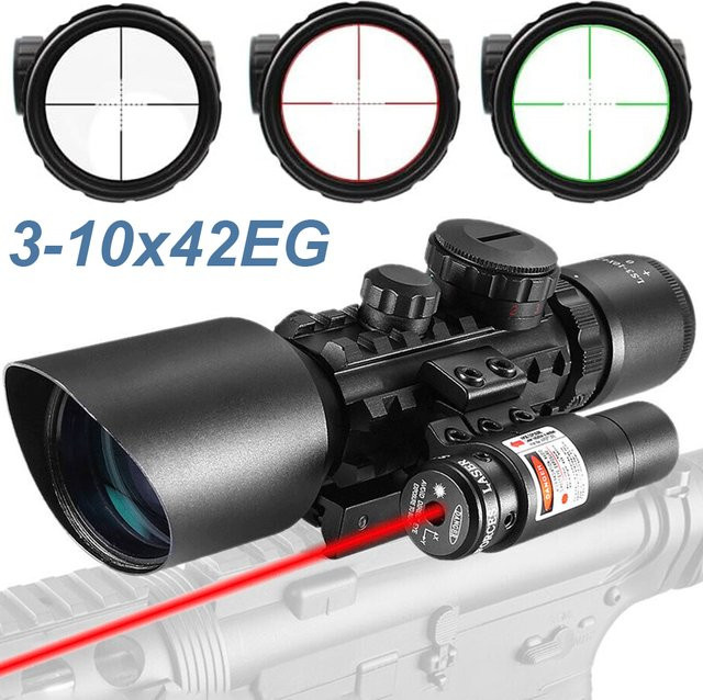 3-10X42 Teleskop-Zielfernrohr mit Laservisier und rot-grün beleuchtetem Mil-Dot-Absehen in Schwarz, Rot und Grün - Bild 1