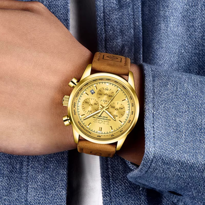 LIGE Armbanduhr Chronograph, Quarz, Leder, Blau, Gold, Herren - Bild 5
