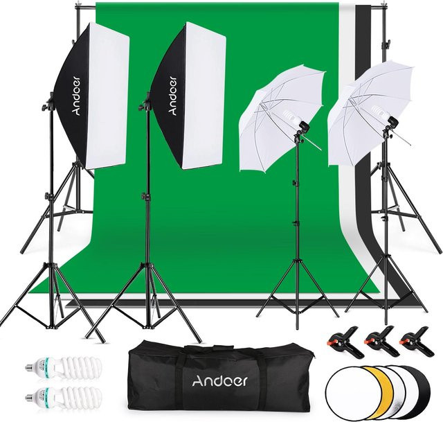 Andoer Fotografie-Set mit 3 Baumwollhintergründen in Schwarz, Weiß und Grün sowie Befestigungsclip, B/H: 270 x 180 cm - Bild 1