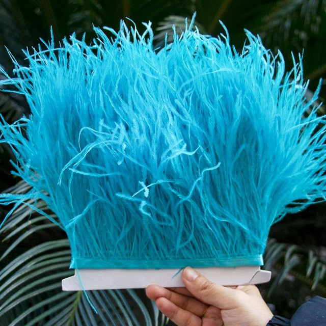 XQ We Wantice Federband aus echten Straußenfedern in Himmelblau, 1 Meter Länge, Fransenbreite: 8-10 cm, ideal als Dekoration oder Nähzubehör für Hochzeit, Party und Kleidung - Bild 1