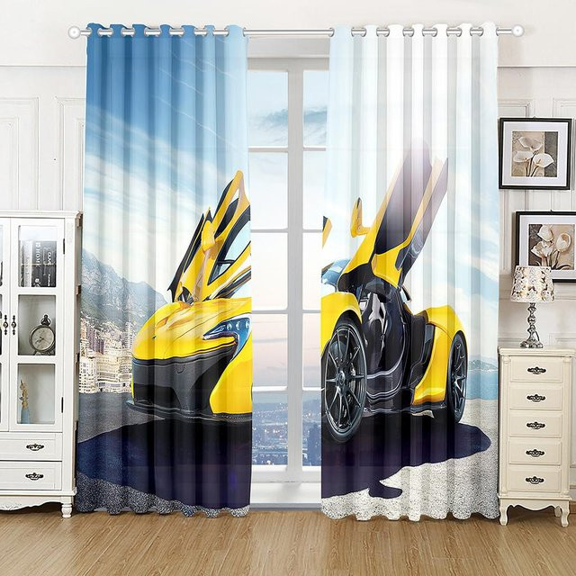 A Family Of Home Textiles 3D-Vorhang mit schwarzem Sportwagen Motiv, 2 Paneele, halbtransparent, Farbe: Schwarz und Mehrfarbig, Breite: 135 cm, Höhe: 185 cm - Bild 1