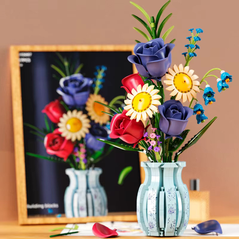 Forange Blaue Porzellan-Blumenstrauß-Bausteine, Rosen- und Sonnenblumen-Modellbausatz mit Vase - Bild 2