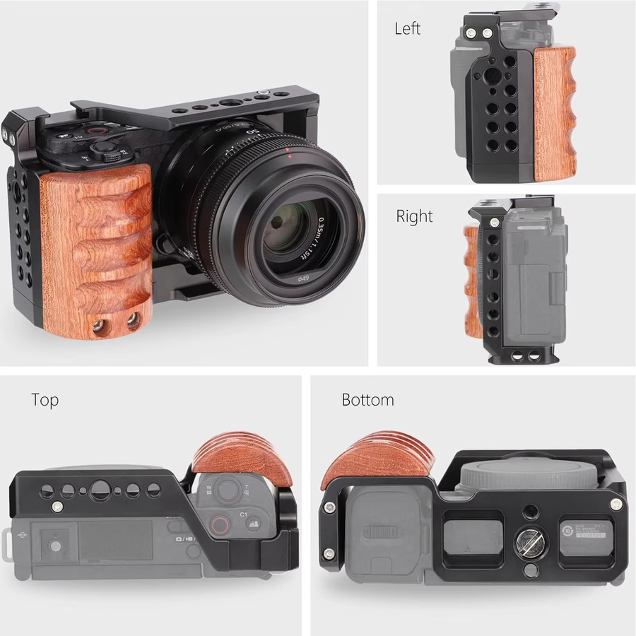 Probty Kamera-Käfig mit Holzgriff für Sony ZV-E10 in Schwarz mit Kaltschuh und Schnellwechselplatte - Bild 6