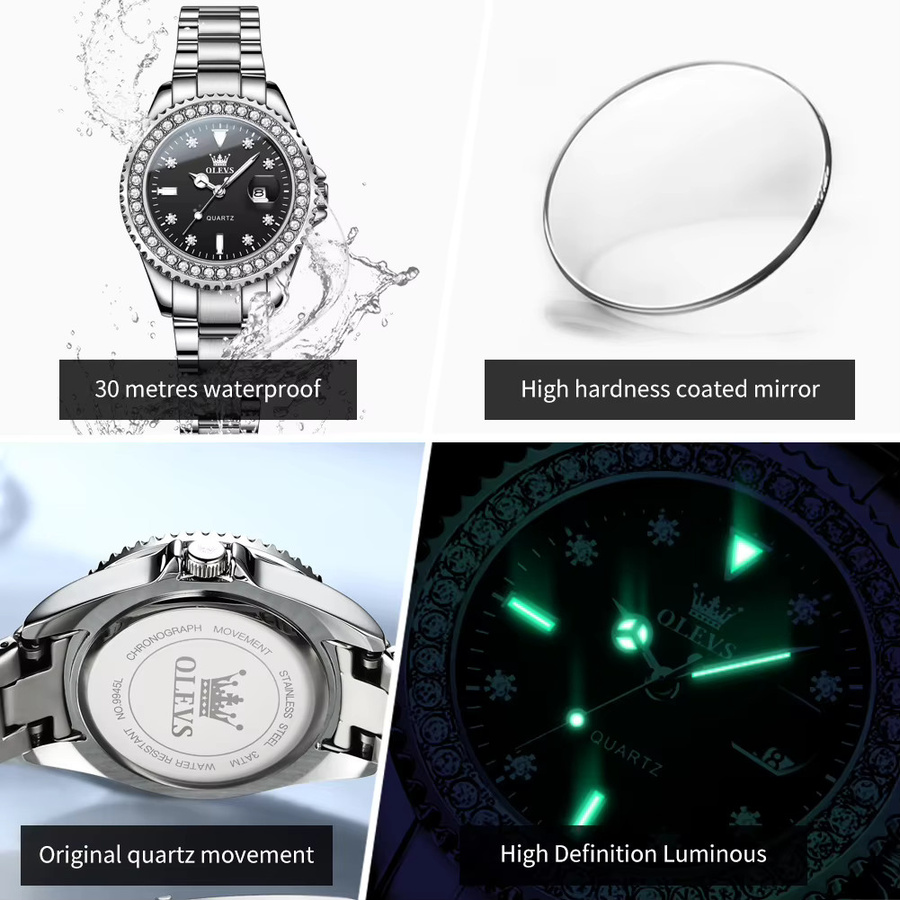 OLEVS Armbanduhr Quarz, Edelstahl, Diamantbesetzt, Damen, Schwarz, Silber - Bild 2