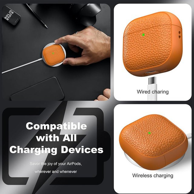 Apple Lederhülle für AirPods Pro 3 mit Reinigungsset in Schwarz und Orange mit sichtbarer Front-LED - Bild 1