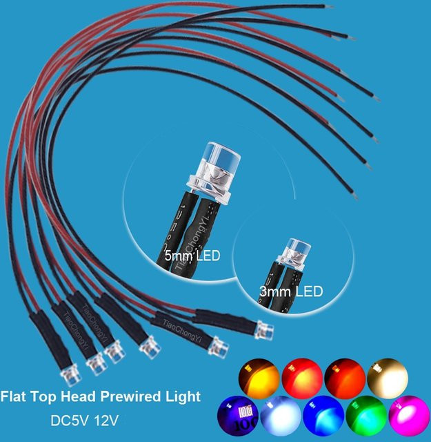 10 Stück TiaoChongYi flache LED Set mit 3 mm und 5 mm Durchmesser, vorverdrahtet für DC 5 V-12 V, wasserklar in Rot, Gelb, Blau, Grün, Weiß, Orange, Rosa und UV-Licht - Bild 1