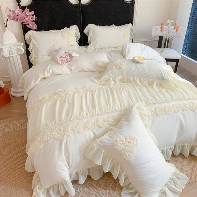 4-teiliges Bettwäscheset Bin Chi Textiles im koreanischen Prinzessinnenstil mit Blumen, Spitze und Rüschen in Weiß, Queen Size 150 x 200 cm - Bild 1